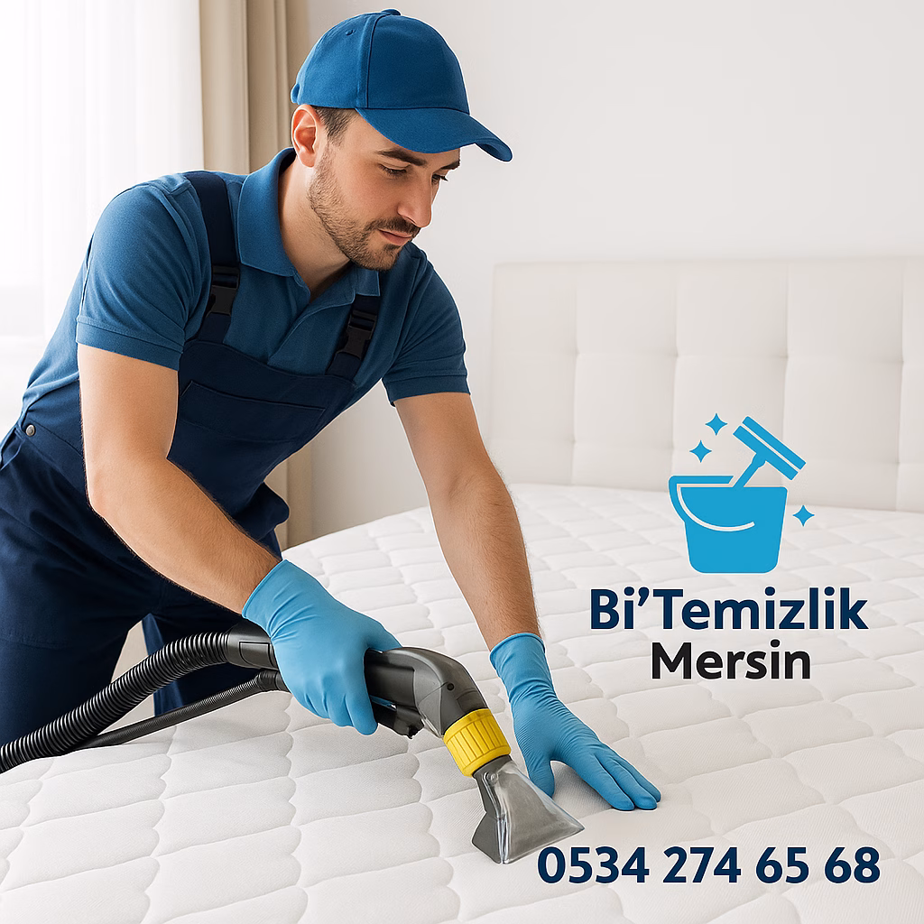 Bi'Temizlik Mersin çalışanı, beyaz yatak üzerinde profesyonel yatak yıkama cihazıyla temizlik yapıyor.