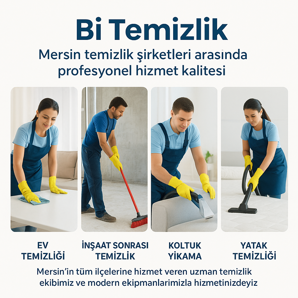 Mersin’de profesyonel temizlik hizmeti veren Bi Temizlik ekibi; ev temizliği, inşaat sonrası temizlik, koltuk yıkama ve yatak temizliği yaparken görülüyor.