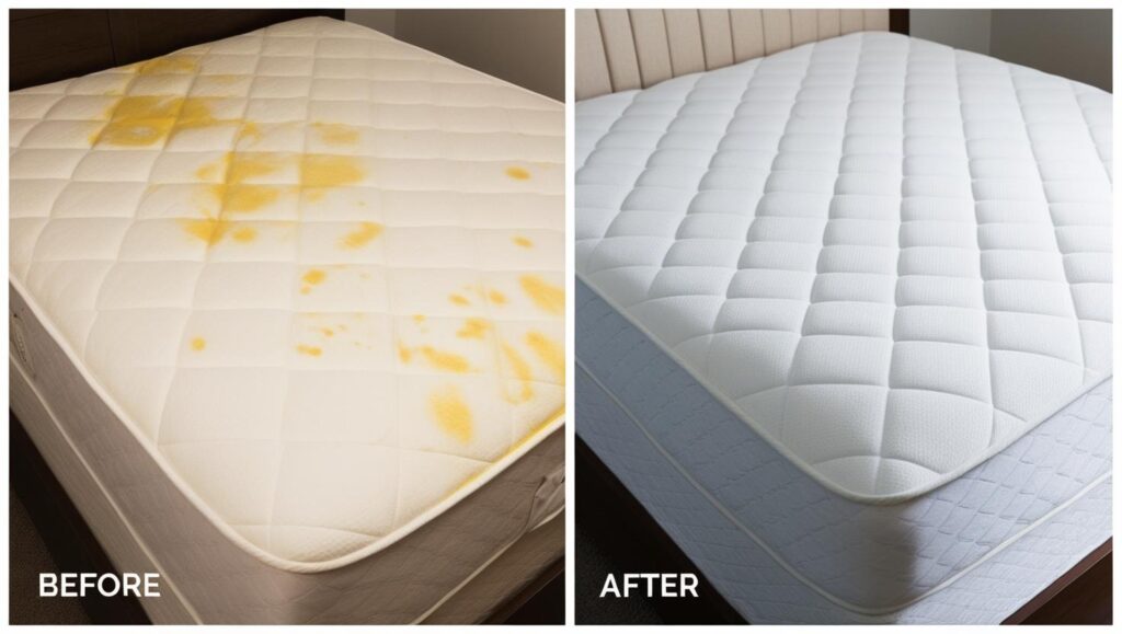 Yatak temizliği dönüşümü - Bi Temizlik Mersin yatak yıkama öncesi ve sonrası karşılaştırması