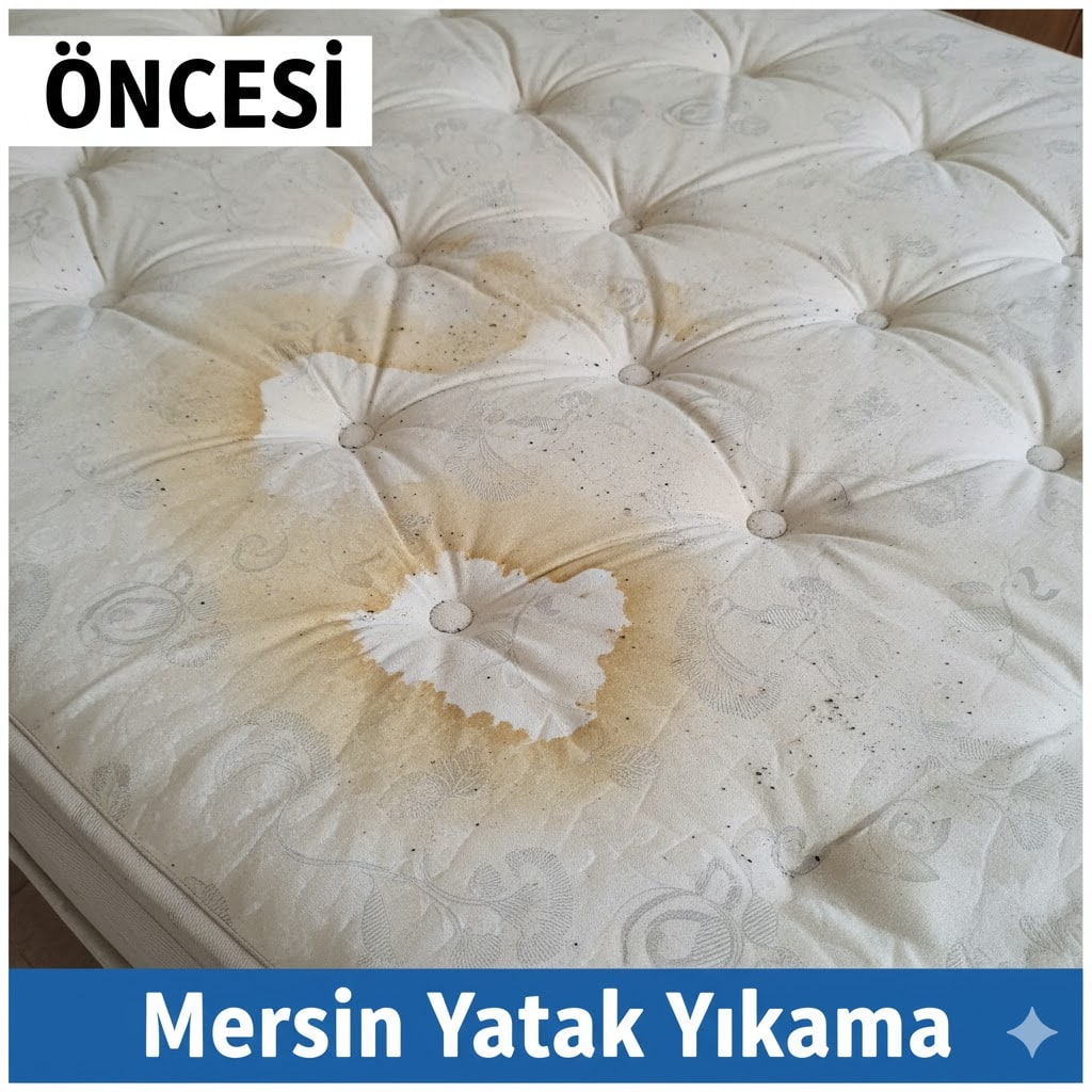 Mersin yatak yıkama öncesi: Lekeli, kirli ve hijyensiz yatak görünümü