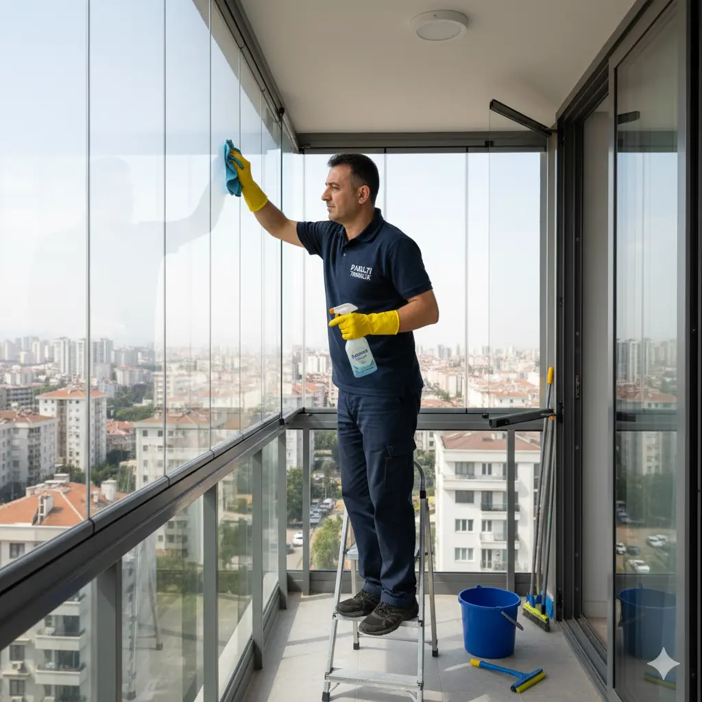 Mersin cam temizliği yapan ekip, camları lekesizce temizlerken.