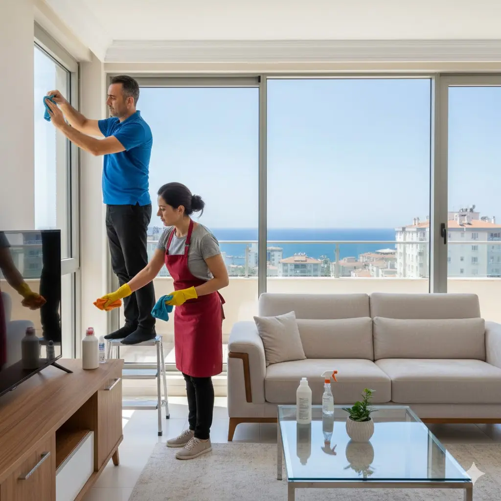 Mersin eşyalı ev temizliği yapan ekip, eşyaları düzenleyerek temizlik yaparken.