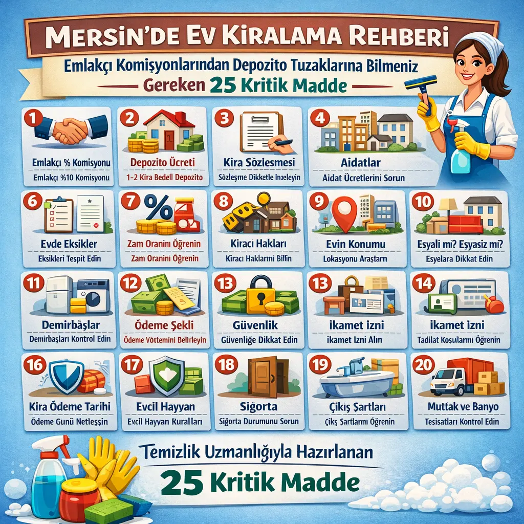 Bu rehberde, Mersin'de ev kiralayacaklar için 25 kritik maddeyi sıralıyoruz. Bu maddelere dikkat ederek hem cebinizi koruyun hem de huzurlu bir kiracılık dönemi geçirin.
