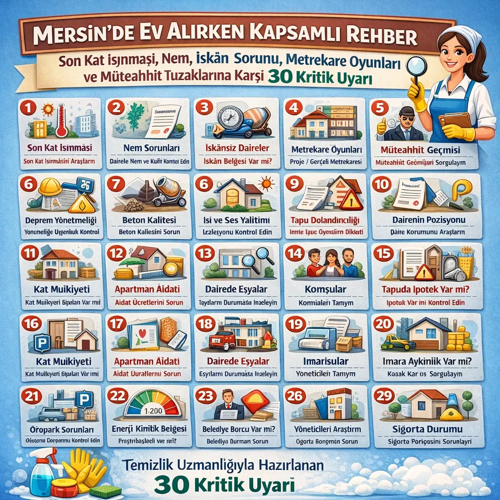 Mersin'de ev alırken dikkat edilmesi gerekenler: son kat ısınması, zemin kat nemi ve müteahhit hileleri hakkında bilgilendirici rehber görseli.