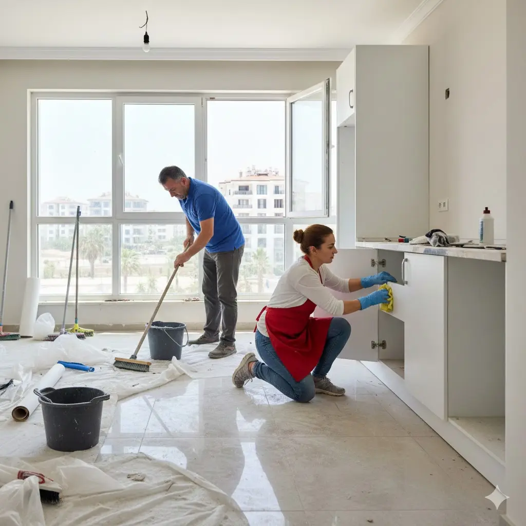 Mersin inşaat sonrası temizlik ekibi, yeni binada toz ve moloz temizlerken.