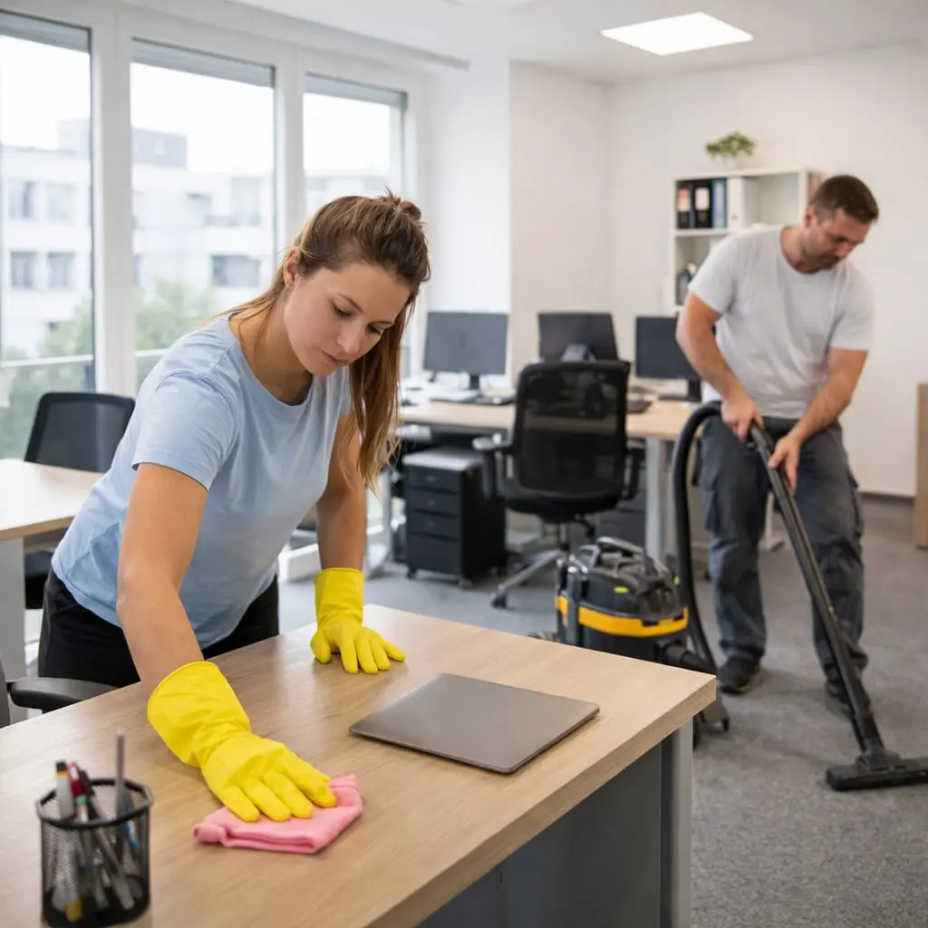 Mersin ofis temizliği yapan ekip, çalışma alanını temizlerken.