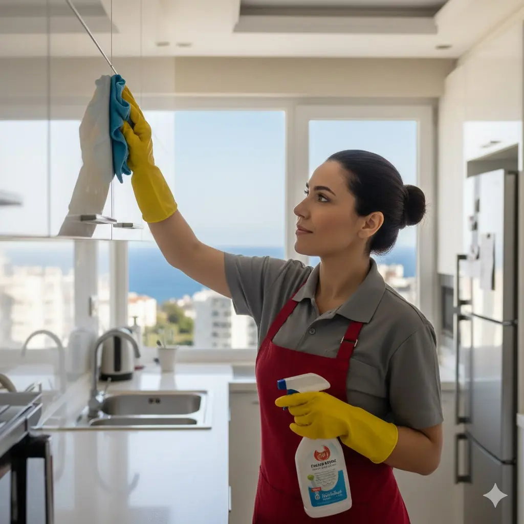 Mersin temizlikçi bayan, evde detaylı temizlik yaparken.