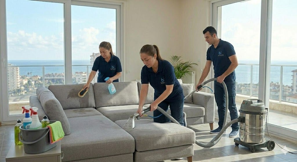 Mersin'de bi temizlik ekipleri, deniz manzaralı bir salonda profesyonel vakumlu yıkama makinesi ve özel leke çıkarıcılar ile kumaş koltuk temizliği yapıyor.