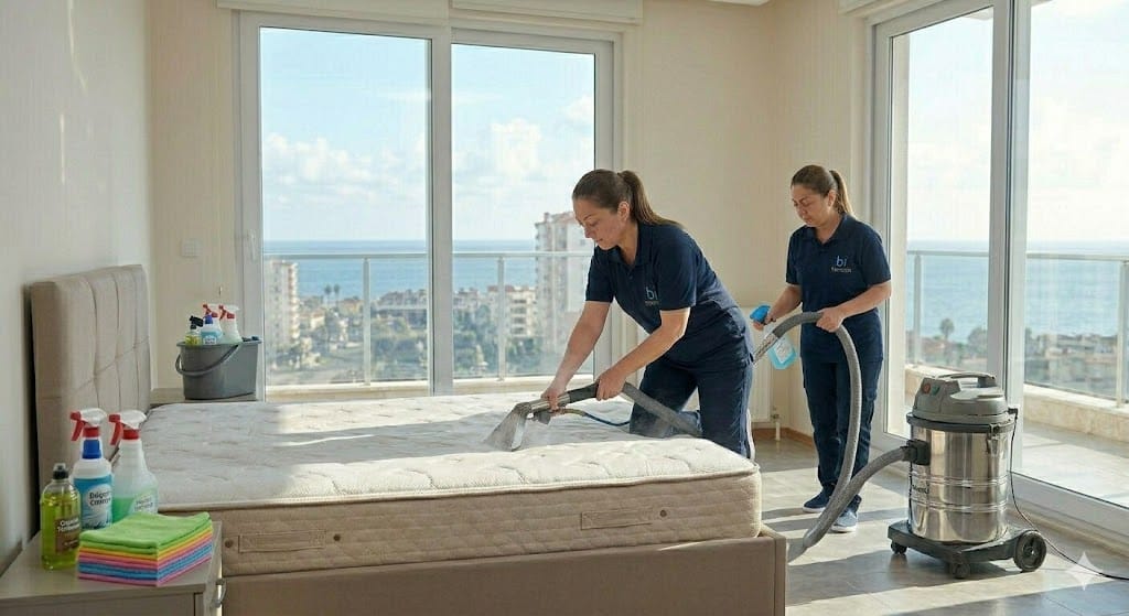 Mersin'de bi temizlik personeli, yüksek vakum gücüne sahip yıkama makinesi ile yatak üzerindeki lekeleri ve toz akarlarını temizleyerek antibakteriyel hijyen sağlıyor.