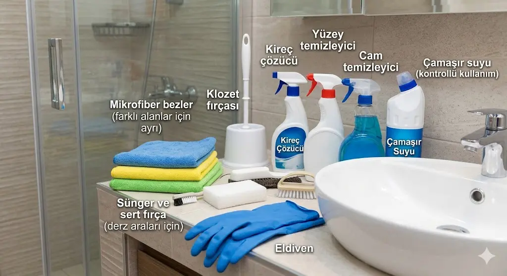 Banyo temizliği için gerekli malzemeler; mikrofiber bezler, kireç çözücü, fırça ve eldiven seti.