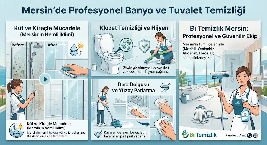 Mersin profesyonel banyo temizliği rehberi; banyo, tuvalet ve derz temizliği adımları ile Bi Temizlik ekibi.