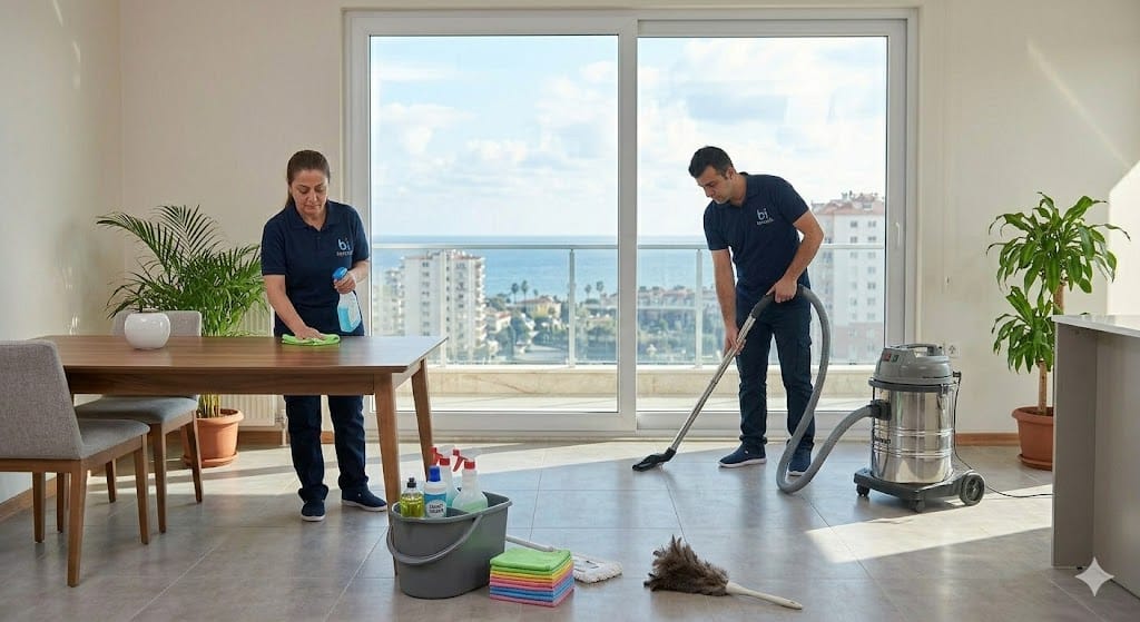 Mersin'de bi temizlik personeli geniş ve güneş alan bir dairede profesyonel vakum makinesi ve hijyenik ekipmanlarla genel ev temizliği ve yüzey dezenfeksiyonu yapıyor.