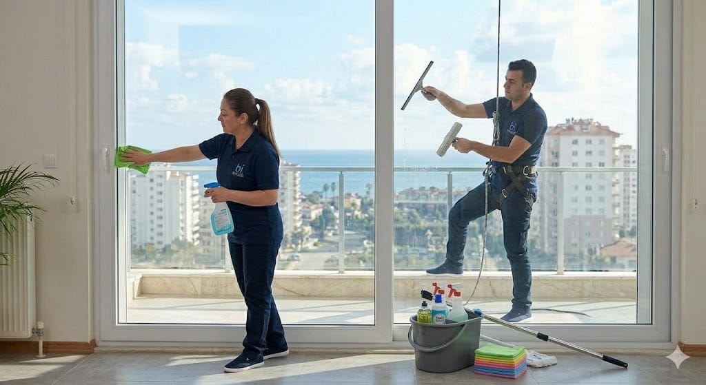 Mersin'de deniz manzaralı yüksek katlı bir dairede bi temizlik ekipleri, profesyonel cam çekçekleri ve iz bırakmayan özel solüsyonlarla iç dış pencere temizliği yapıyor.