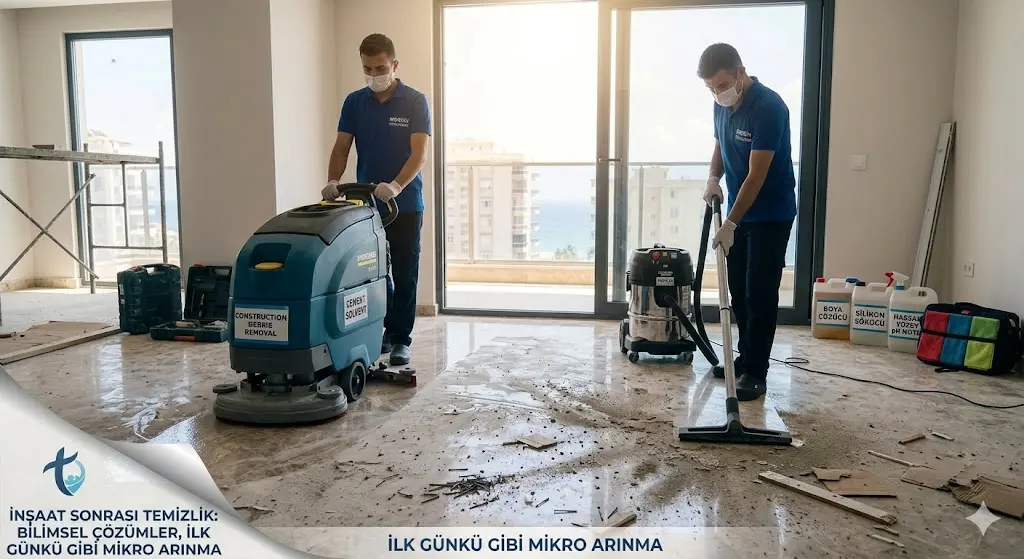 Mersin'de yeni bitmiş bir dairede inşaat sonrası temizlik yapan uzman ekip. Sanayi tipi zemin kazıma makinesi, çimento çözücü solventler ve HEPA filtreli vakum kullanımı detaylıca görülüyor.