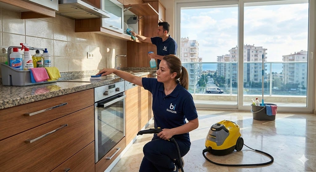 Mersin'de bi temizlik ekipleri bir dairede mutfak dolapları, pencere rayları ve banyo yüzeylerinde detaylı hijyen çalışması yapıyor.