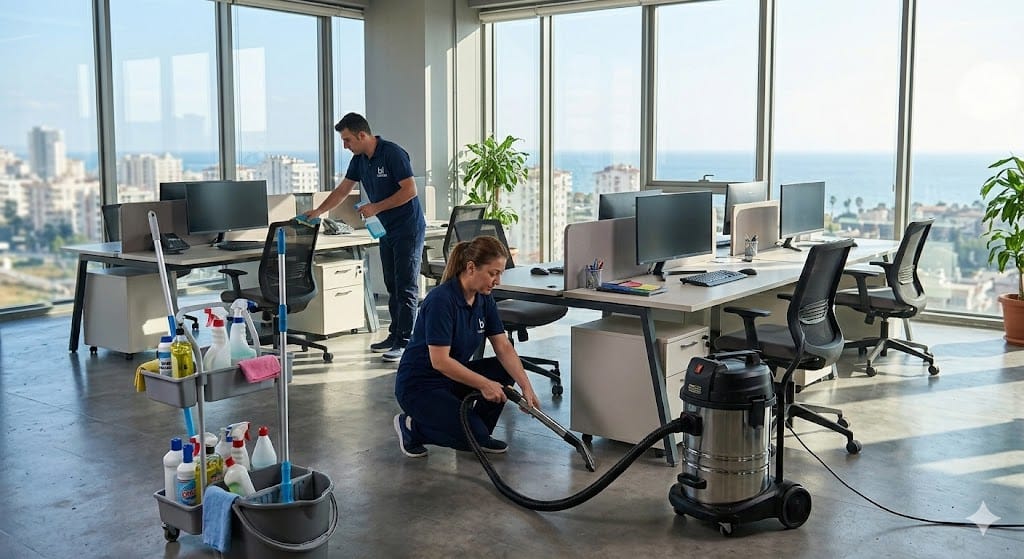Mersin'de modern bir ofis ortamında bi temizlik personeli çalışma masaları, bilgisayar ekipmanları ve ortak alanlarda sterilizasyon ve temizlik yapıyor.
