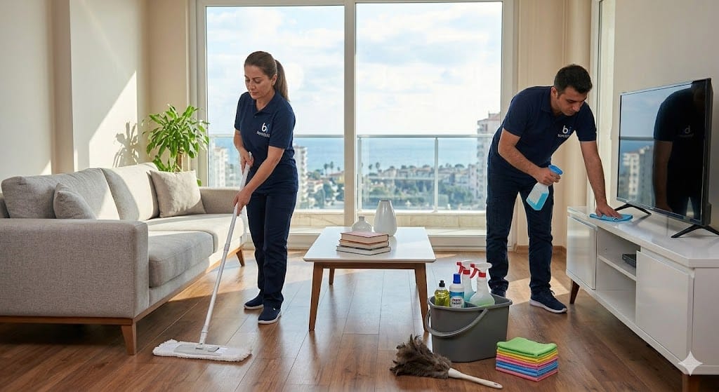 Mersin'de bi temizlik personeli modern bir oturma odasında profesyonel vakum makinesi ve mikrofiber ekipmanlarla rutin ev temizliği yapıyor.