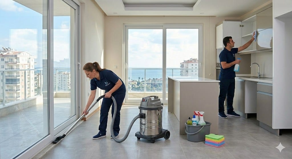 Mersin'de boş bir dairede bi temizlik ekipleri taşınma öncesi mutfak dolapları, pencere rayları ve banyo yüzeylerinde detaylı hijyen çalışması yapıyor.