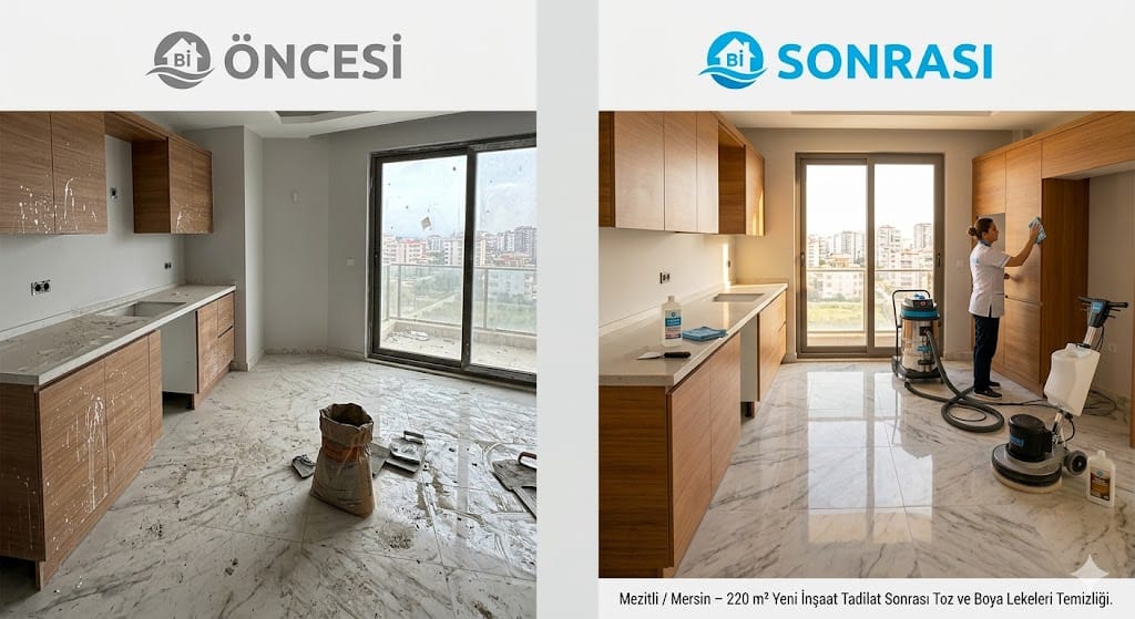 Mersin Mezitli'de 220 m2 villa tipi dairede inşaat sonrası toz ve boya lekesi temizliği öncesi sonrası karşılaştırması - Bi Temizlik Uzman Kadro