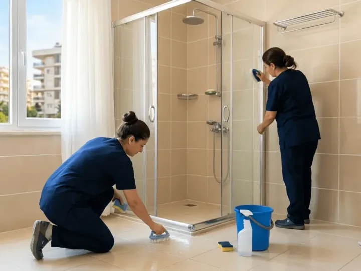 Mersin'de banyo ve fayans temizliği yapan ekip, parlak beyaz fayans ve derz aralarını fırçalıyor
