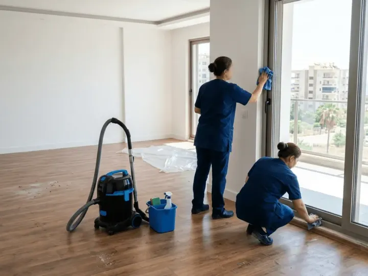 Yeni tadilat bitmiş Mersin evinde iki kişilik ekip pencere kenarını nemli bezle temizliyor