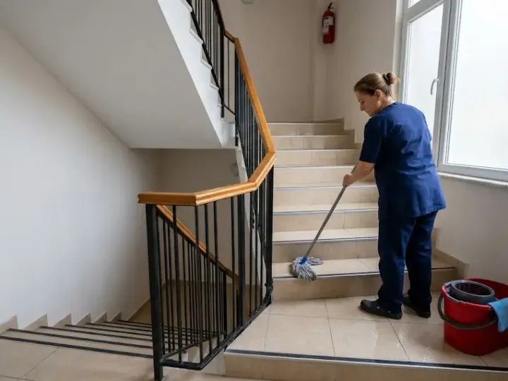 Mersin merdiven temizliği sırasında apartman basamaklarını paspaslayan temizlik ekibi