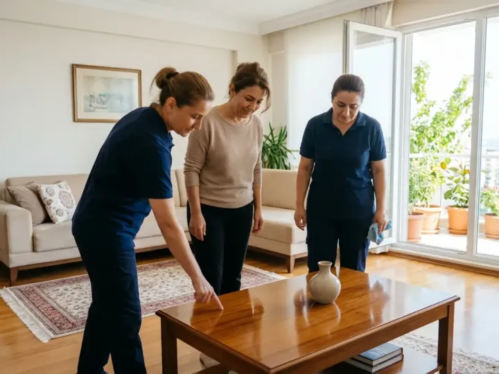 Mersin'de bir evin salonunda iki kişilik temizlik ekibi müşteriyle birlikte işi kontrol ederken