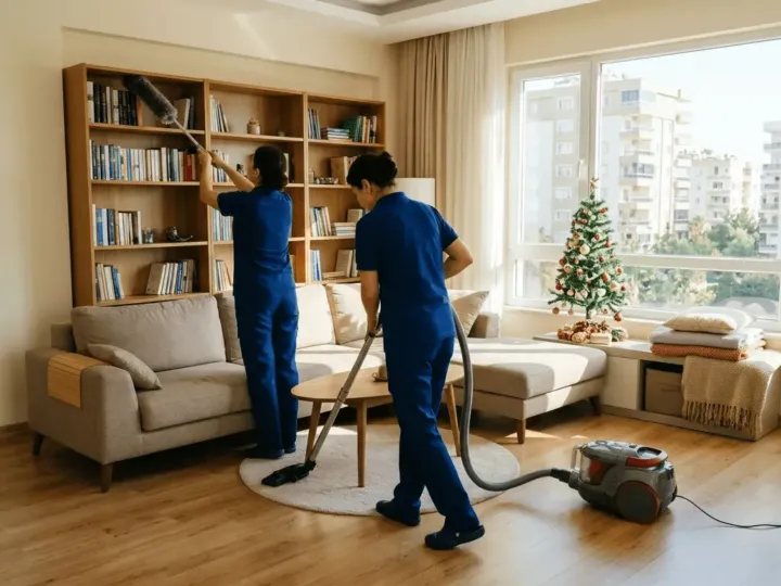 Yeni yıla temiz ev için salonda detaylı temizlik yapan iki kişilik temizlik ekibi