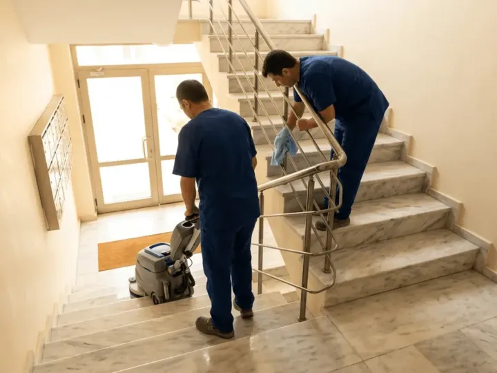 Mersin'de apartman ve site temizliği yapan ekip, aydınlık bir bina merdivenini makineyle yıkıyor