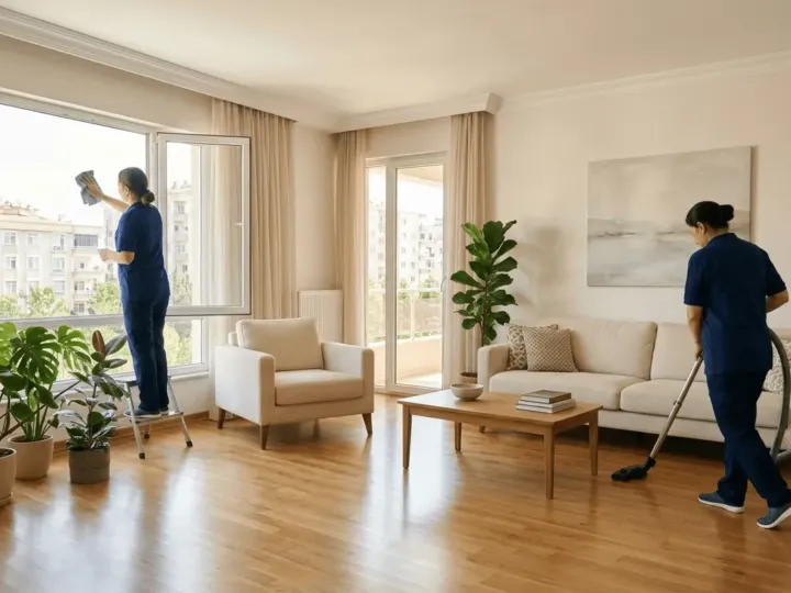 Mersin'de bir evin ferah salonunda zemini ve camı temizleyen iki kişilik ev temizlik ekibi