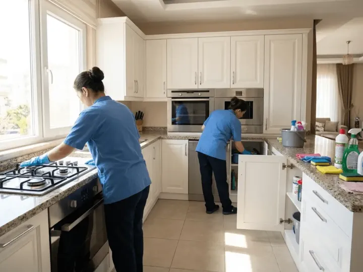 Mersin'de bir evin mutfağında ekip ocak başı ve tezgâhı detaylı biçimde temizliyor