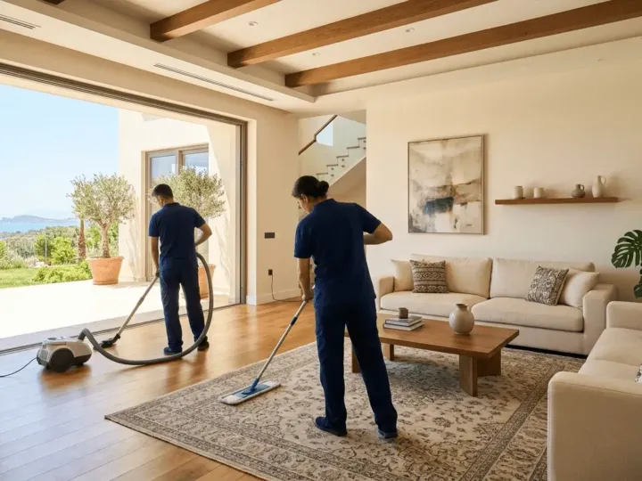 Mersin'de bir villanın geniş salonunda mop ve makineyle temizlik yapan iki kişilik ekip