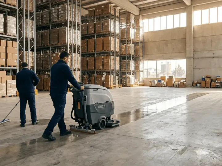 Mersin'de fabrika ve depo temizliği yapan ekip geniş depo zeminini makineyle yıkıyor