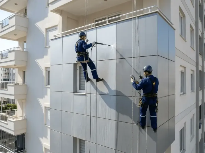 Mersin'de iki kişilik ekip, çok katlı bir binanın dış cephe temizliğini güvenle yapıyor