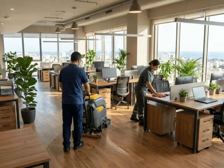 Mersin'de ofis temizliği yapan iki kişilik ekip aydınlık bir çalışma alanında zemini makineyle temizliyor