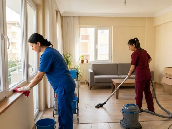 Mersin tadilat temizliği yapan personelin yenilenmiş evde yüzeyleri temizlemesi
